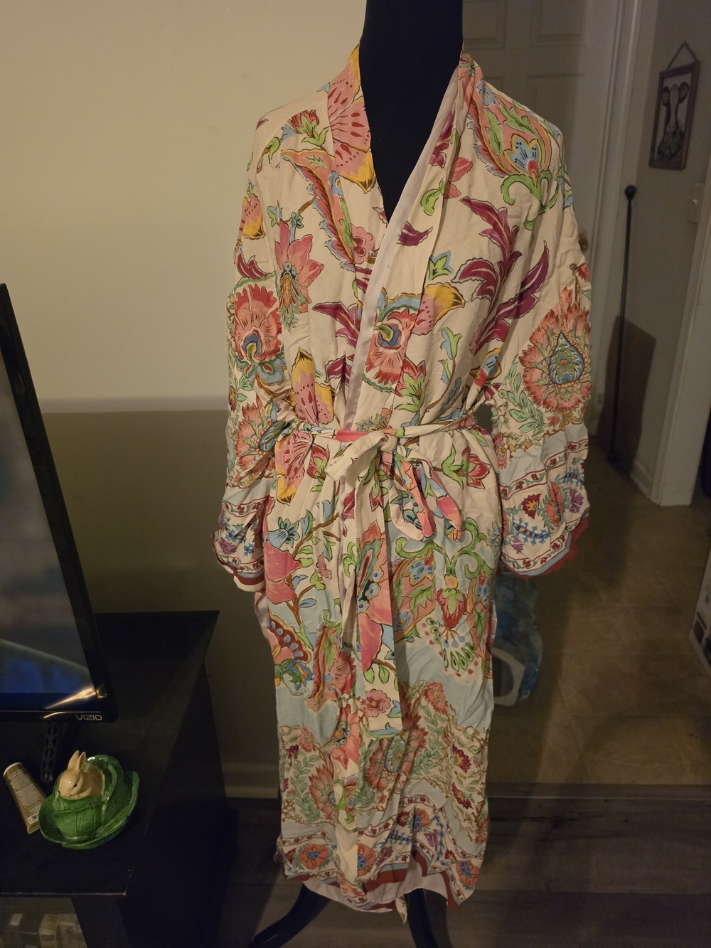 Floral Paisley Long Kimono Robe in Cream with Multicolor Print